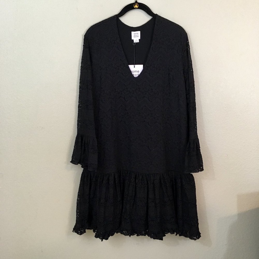 Some Days Lovin Black Lace V-Neck Dress, Medium